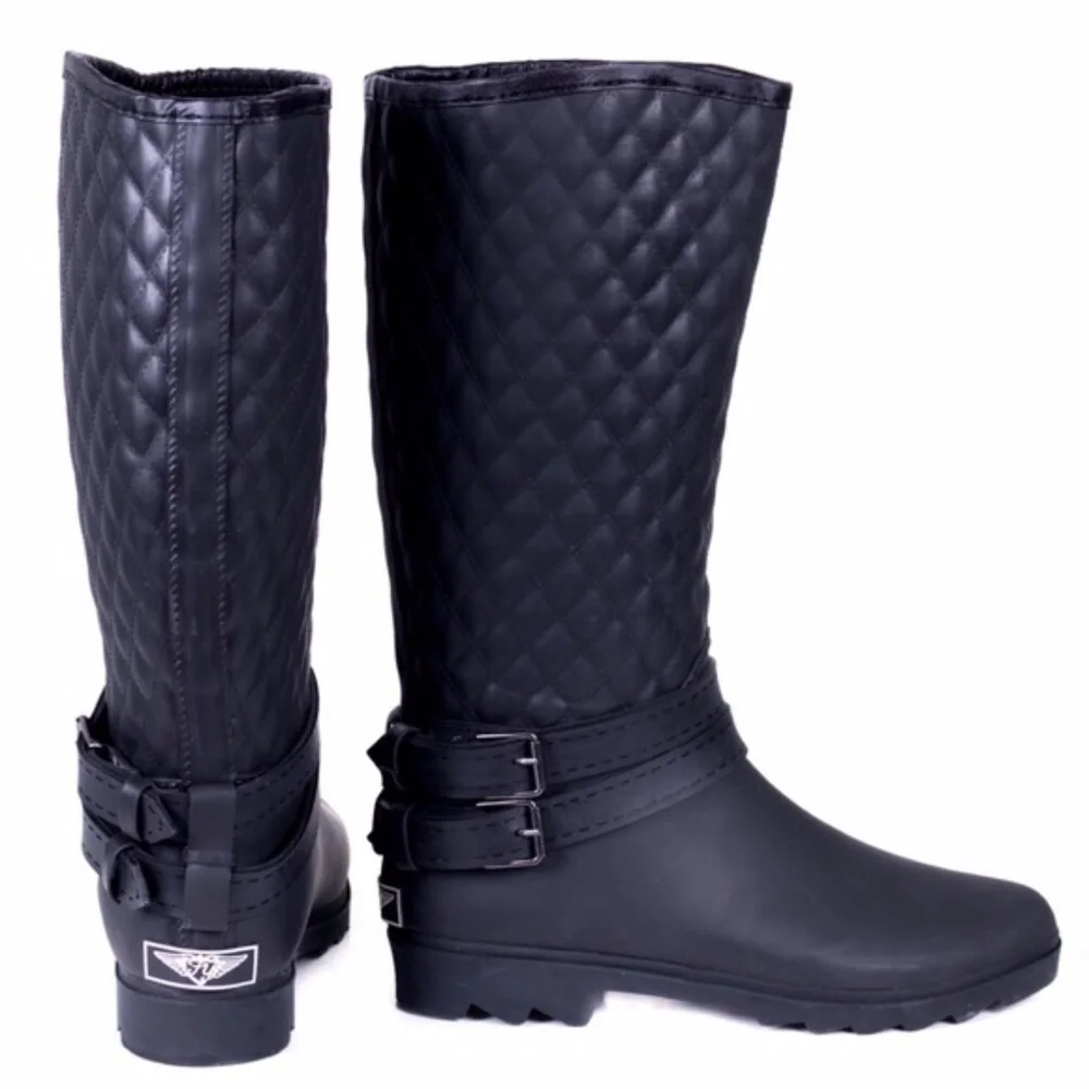 Women Rainboots, Black Quilted Rider Rubber Rain Boots, NEW